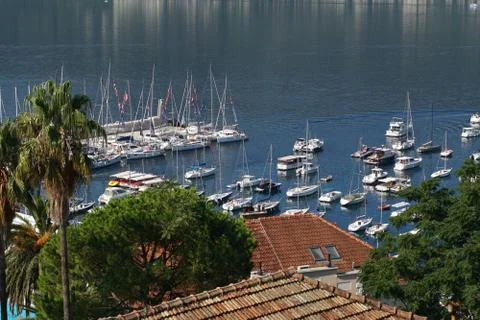 A view on the small sea bay with ships. 스톡 사진
