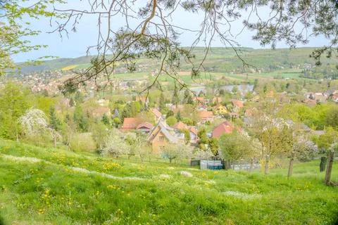 View of a small spring village. Top view of traditional housing estate in Czech. Stock Photos