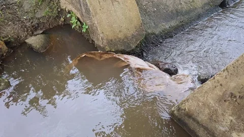 View of Small stream flowing through concrete irrigation channel in rural are Stock-Footage 336043928