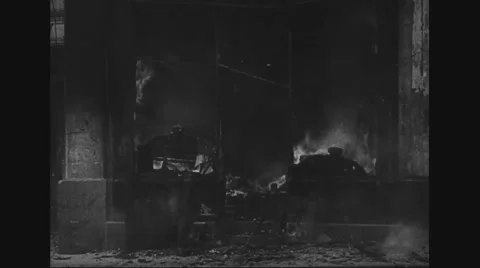 View of smoke rising from fire after war Stock Footage 43316878
