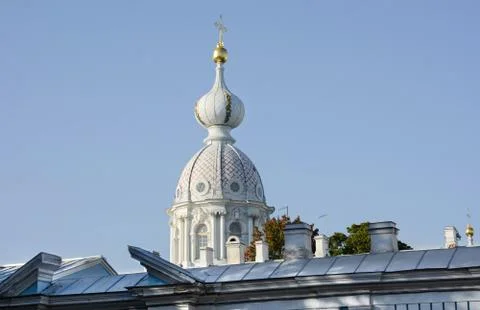 View of the Smolny Cathedral from Rastrelli Square. It is located in St. Pete Stock Photos