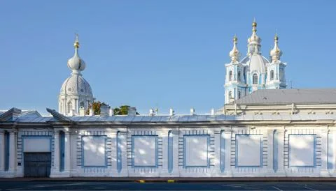 View of the Smolny Cathedral from Rastrelli Square. It is located in St. Pete Stock Photos