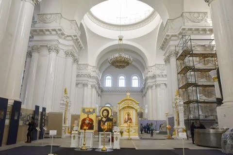 View of the Smolny Cathedral from Rastrelli Square. It is located in St. Pete Stock Photos