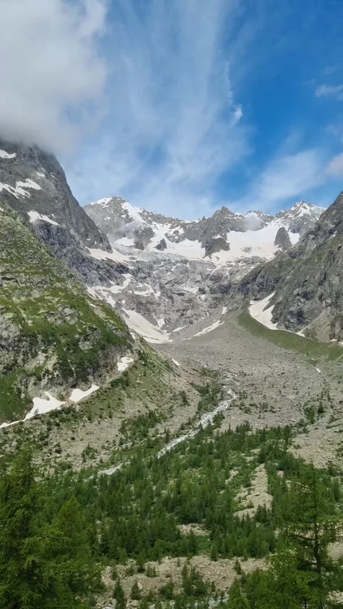 View of the snow-capped Alps during the Tour du Mont Blanc hike.  Stock Footage 283929673