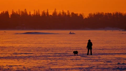 View of the snow-covered field during the orange sunrise Stock Footage 152973901
