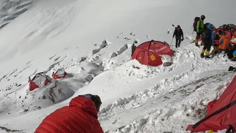 View of the snow-covered tents of the second camp Stock Footage 208438341