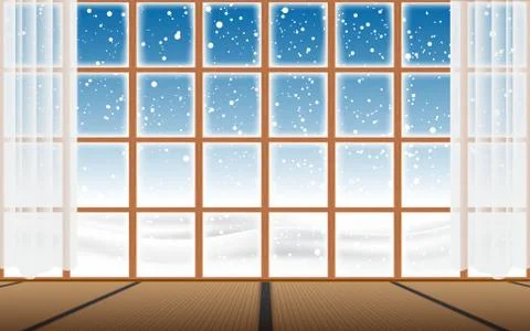 View of snow fall at glass windows in the home in japan Stock Illustration