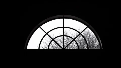 View of snow falling on tree branches through a semicircle window, in slow Stock-Footage 89444476