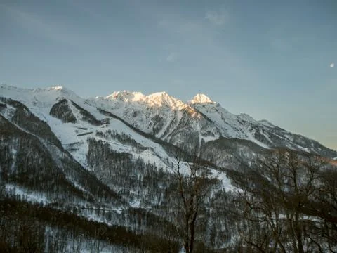 View of the snow mountains Rosa Khutor Stock Photos