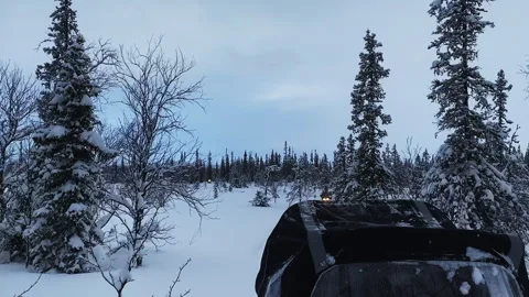 View from the snowmobile at speed. Red sun at sunset Stock Footage 244481688