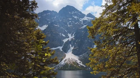 View of a snowy mountain peak with an emerald lake lying at the foot Stock Footage 120159523
