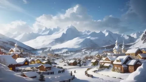 A view of a snowy small town, slow falling snow and huge snowy mountain ran.. 動画素材 255890176