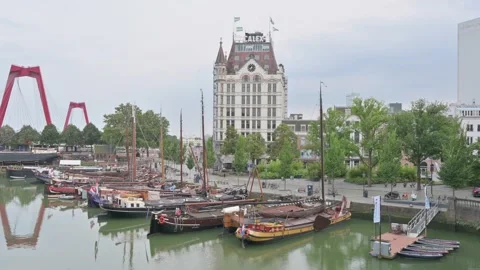 View of the so called Oude Haven Area, a small port in Rotterdam Stock Footage 318883930