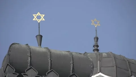 View of Sofia Synagogue dome against bright blue sky Stock Footage 329458257