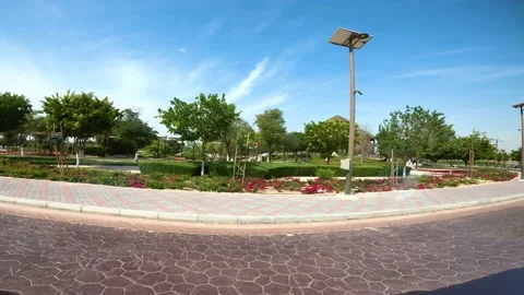  View of solar panel street lights in a public  park through the glass window  Stock Footage 185570714