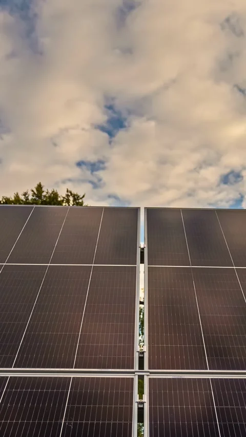 View of solar panels against a cloudy sky in Latvia. Stock Footage 339900698