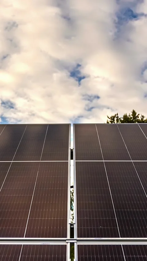 View of solar panels against a cloudy sky in Latvia. Stock Footage 339900754