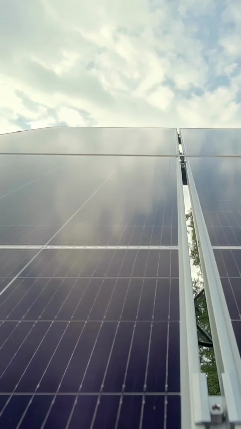 View of solar panels reflecting the sky in Latvia. Stock Footage 339900857