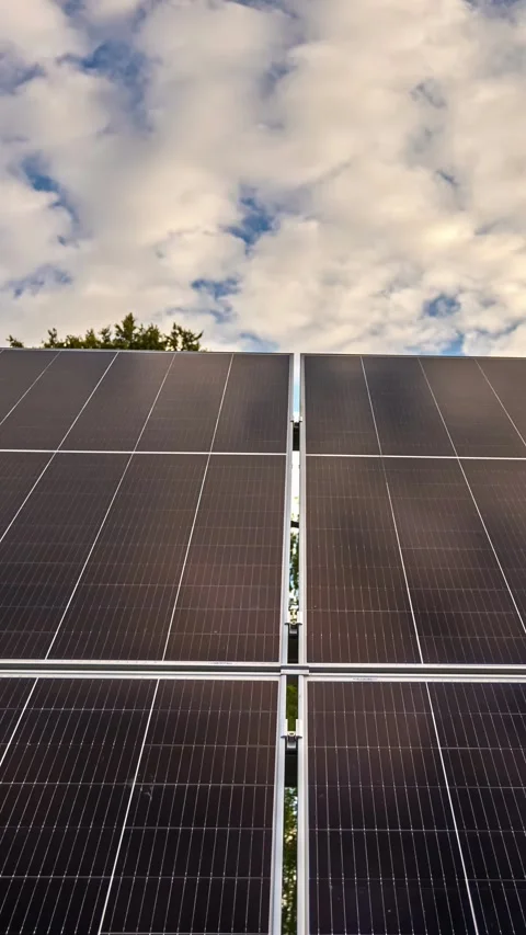View of solar panels under a cloudy sky, Latvia. Stock Footage 339900724