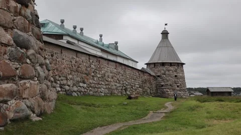 View of Solovetsky Monastery stone walls and tower, Russia. Stock-Footage 343676413