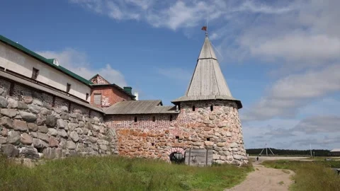 View of Solovetsky Monastery stone walls and tower, Russia. Video stock 343676778