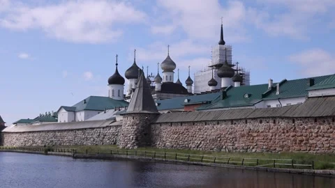 View of Solovetsky Monastery stone walls and onion domes, Russia. Video stock 343676808