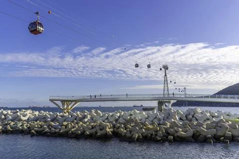 View of Songdo Cloud Trails and Songdo Cable Car in background on a sunny day, Stock Photos