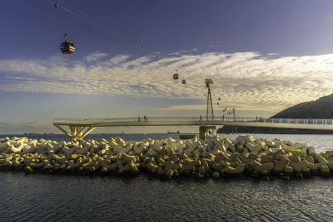 View of Songdo Cloud Trails and Songdo Cable Car in background on a sunny day, Stock Photos
