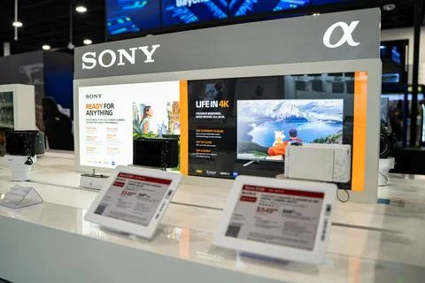 View of Sony Alpha camera display in electronics store. Toronto, Canada - Stock Photos