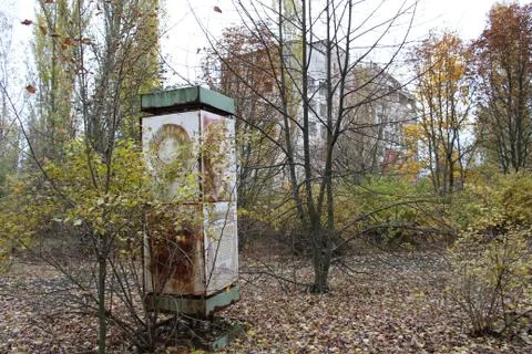 View of Soviet building in Pripyat Town in Chernobyl Exclusion Zone Stock Photos