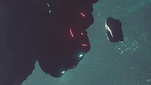 View of a space scene with asteroids and bright lights in dark background Stock Footage 344827844