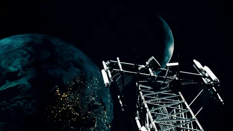 View from space ship window. Base station antenna mounts Moon and planet Earth Stock Footage 157691186