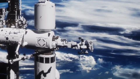 View of space station above Earth with clouds in the background Stock Footage 344862205
