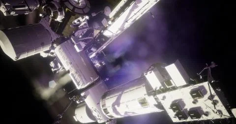 View of space station with illuminated modules in low Earth orbit 스톡 일러스트