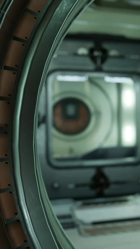 View of space station interior through round window showing equipment and tools Stock Footage 338424717