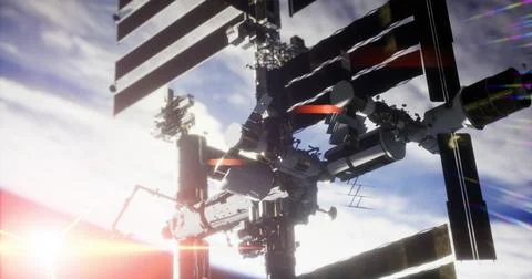 View of Space Station Orbiting Earth During Sunset Stock Illustration