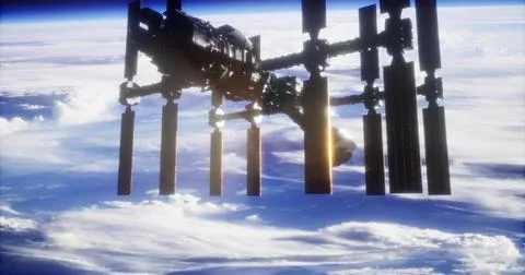 View of space station orbiting Earth with clouds below during daylight Stock Illustration