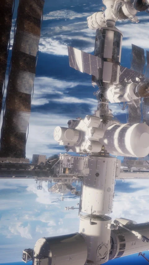 View of space station from outside in low earth orbit during daytime Stock Footage 344963568