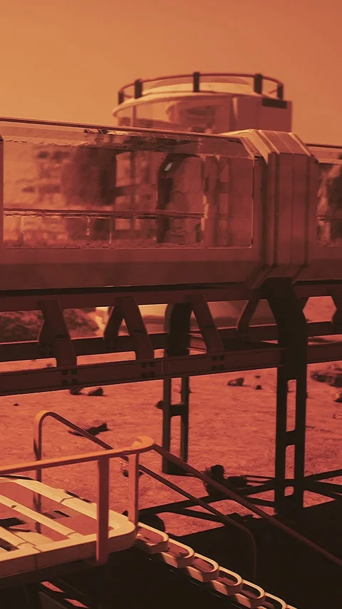 View of a space station structure on the surface of Mars during sunset Stock Footage 337952688