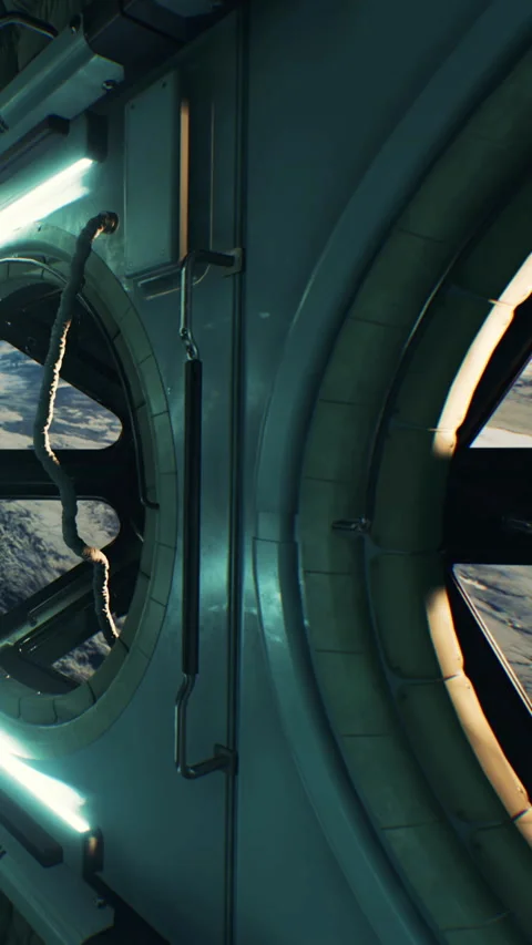 View from a space station window showing Earth and clouds Stock Footage 344961292