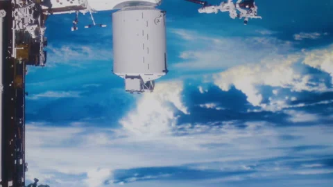 View of spacecraft docked at the International Space Station over Earth Stock Footage 345055633
