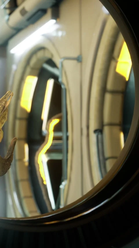 View of a spaceship interior showing machinery and circular design elements Stock Footage 336577397