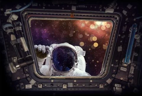 View from a spaceship window with an astronaut knocking starry bokeh background Stock Illustration