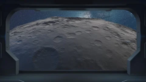 View from spaceship window of moon surface rotating with stars in background. Stock Footage 332148534