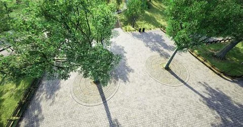 View of a spacious park with circular stone patterns and shaded trees Stock Illustration