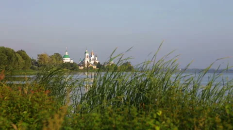 View of Spaso-Yakovlevsky Monastery from coast of lake of Nero Stock Footage 47104355