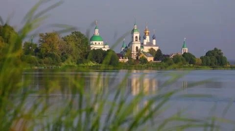 View of Spaso-Yakovlevsky Monastery in Rostov Veliky from Nero's lake Stock Footage 42811801