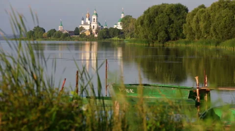 View of Spaso-Yakovlevsky Monastery in Rostov Veliky from Nero's lake Stock Footage 43200010