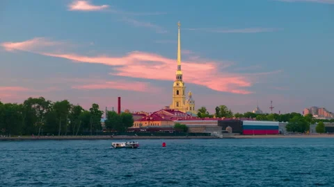 View of the spire of the Peter and Paul Fortress in St. Petersburg Stock Footage 304293324