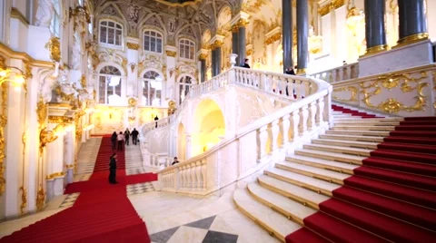 View of splendid staircase with red carpet in Hermitage Museum, Petersburg Stock Footage